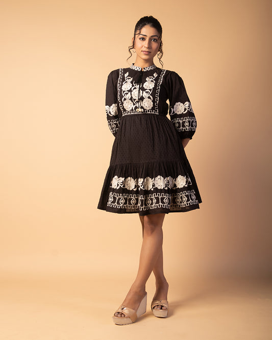 Black Floral Embroidered Flared Western Dress