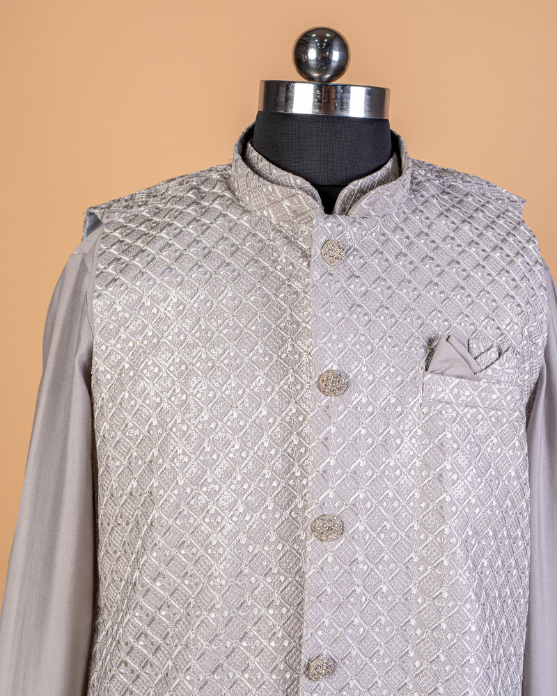 Grey Men’s Kurta Set With Sequins And Thread Embroidered Coat