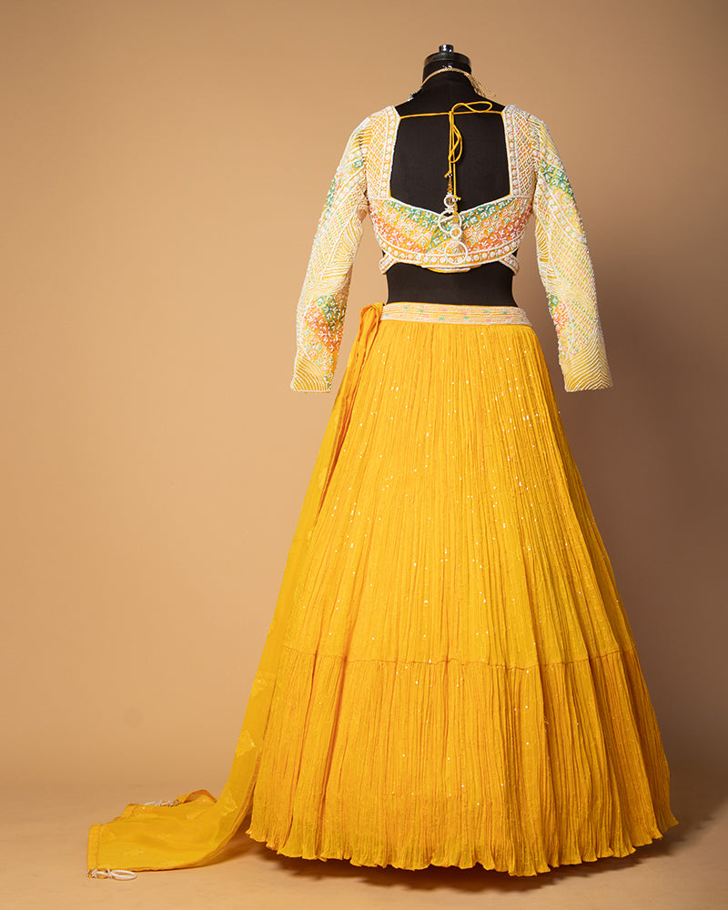 Yellow Sequins Crushed Skirt Crop Top With Dupatta