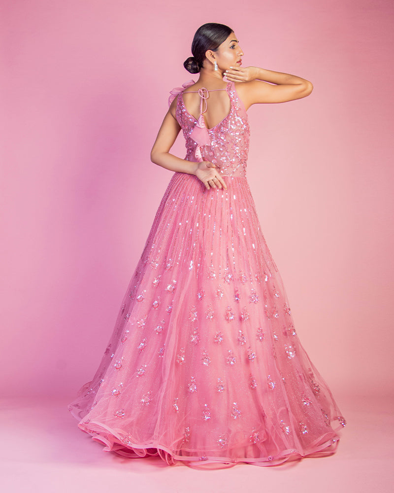 Salmon Pink Net Sequins Hand Embroidered Gown For Bride