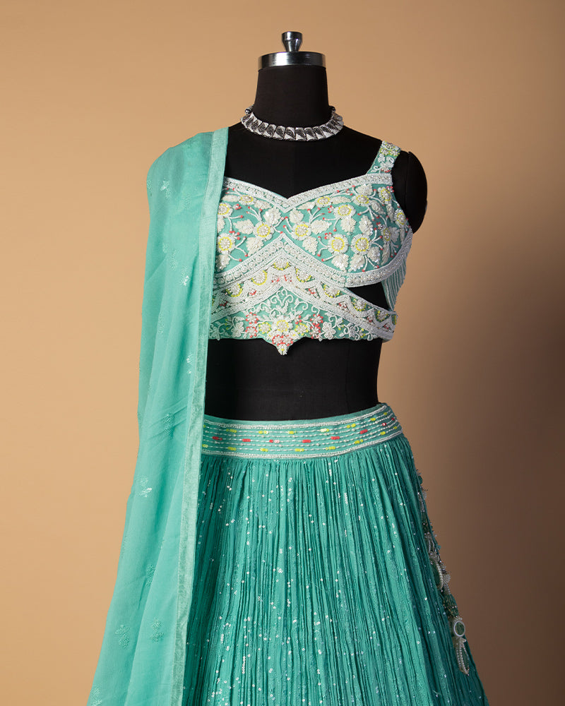 Teal Blue Sequins Crushed Skirt Crop Top With Dupatta