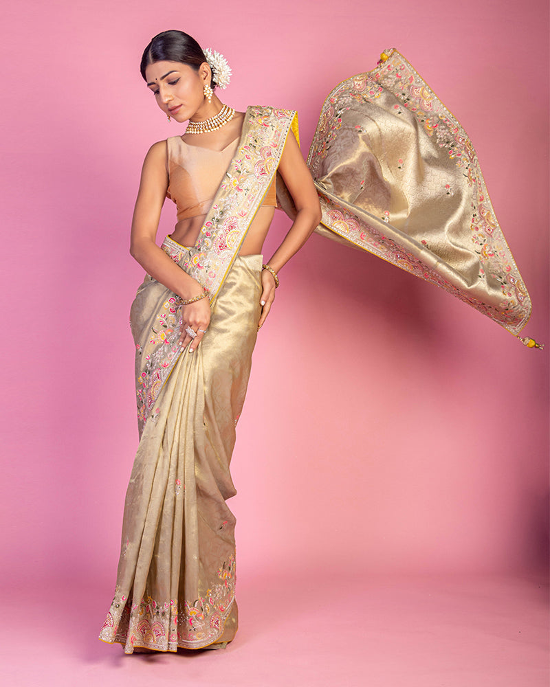 Embroidered Gold Hue Saree for Party Session