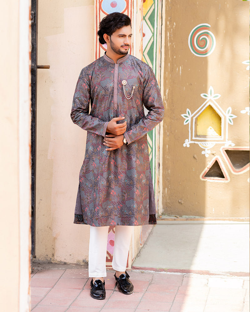 Brown Jacquard Kurta Pajama