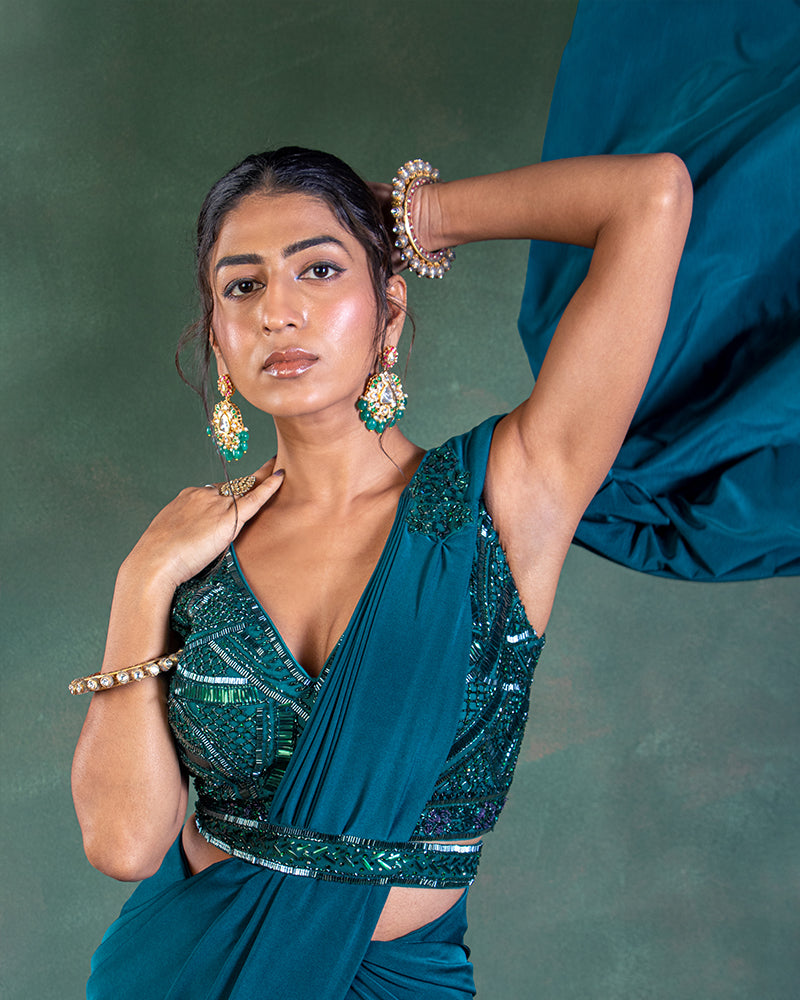 Peacock Green Shade Ready to Wear Saree with Blouse