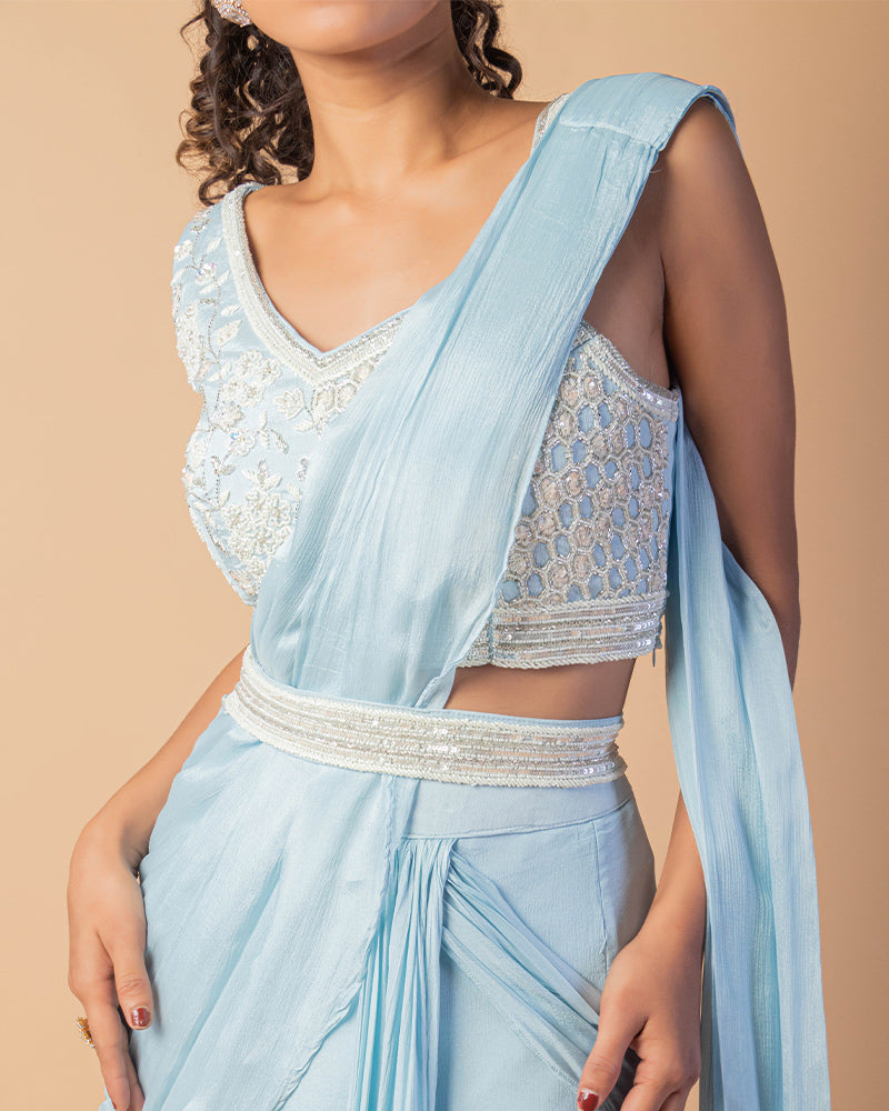 Sky Blue Embroidered CropTop Skirt with Draped Dupatta