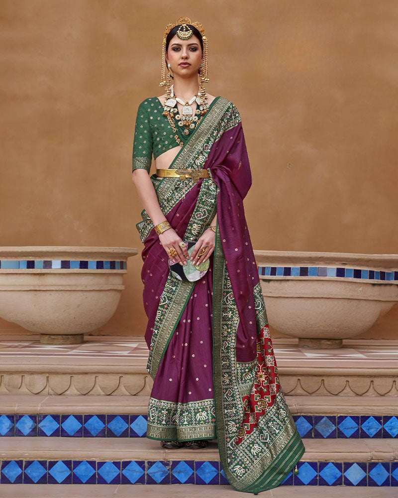 Wine Patola Silk Saree with Green Border and Unstitched Blouse Piece