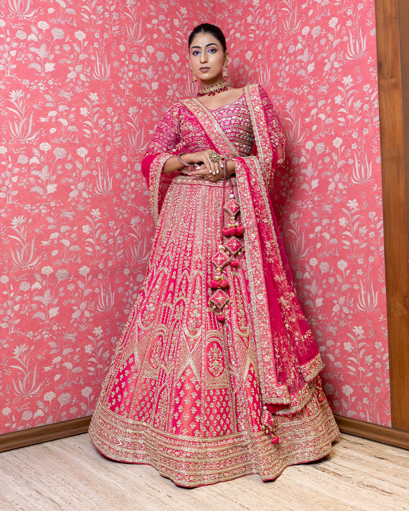 Dark Pink Heavy Embroidered Crepe Silk Bridal Lehenga Set