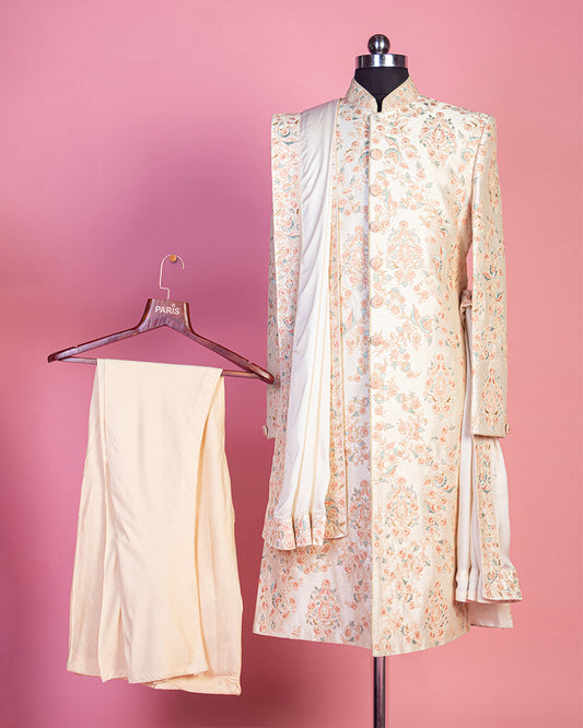 Cream Thread Embroidered Silk Sherwani and Pyjama Set for Groom with Dupatta