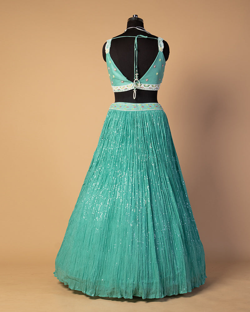 Teal Blue Sequins Crushed Skirt Crop Top With Dupatta