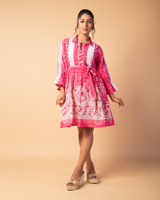 Rosy Pink Printed Flared Western Dress