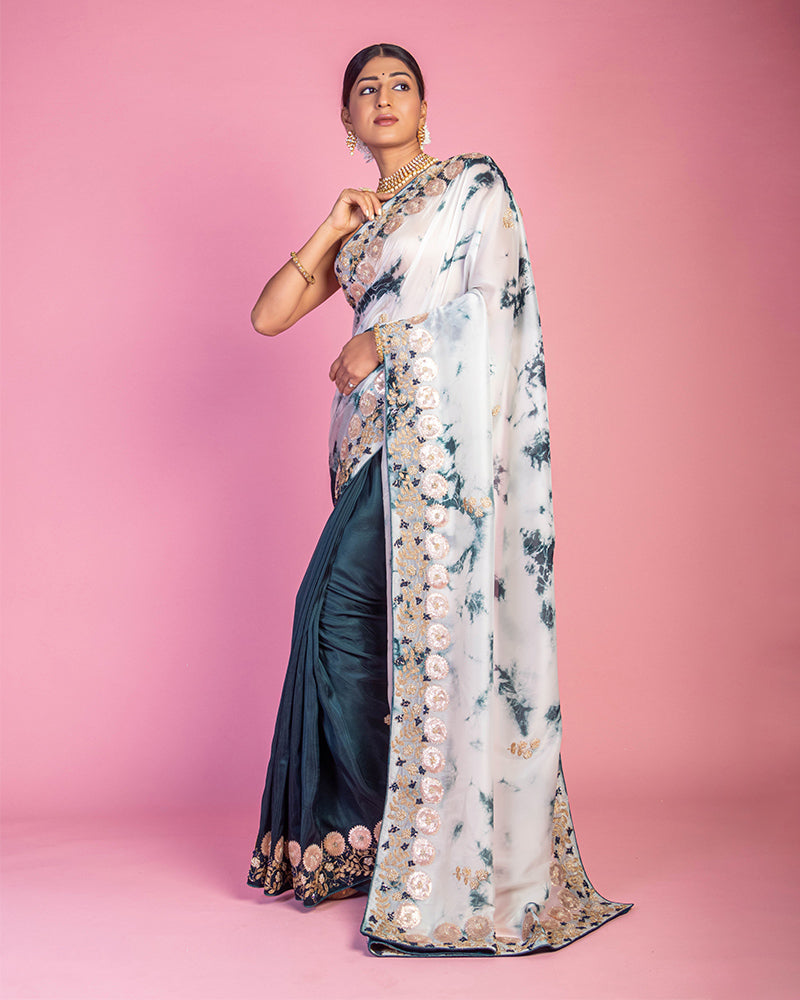 Tie and Dye Peacock Blue Saree with Unstitched Blouse