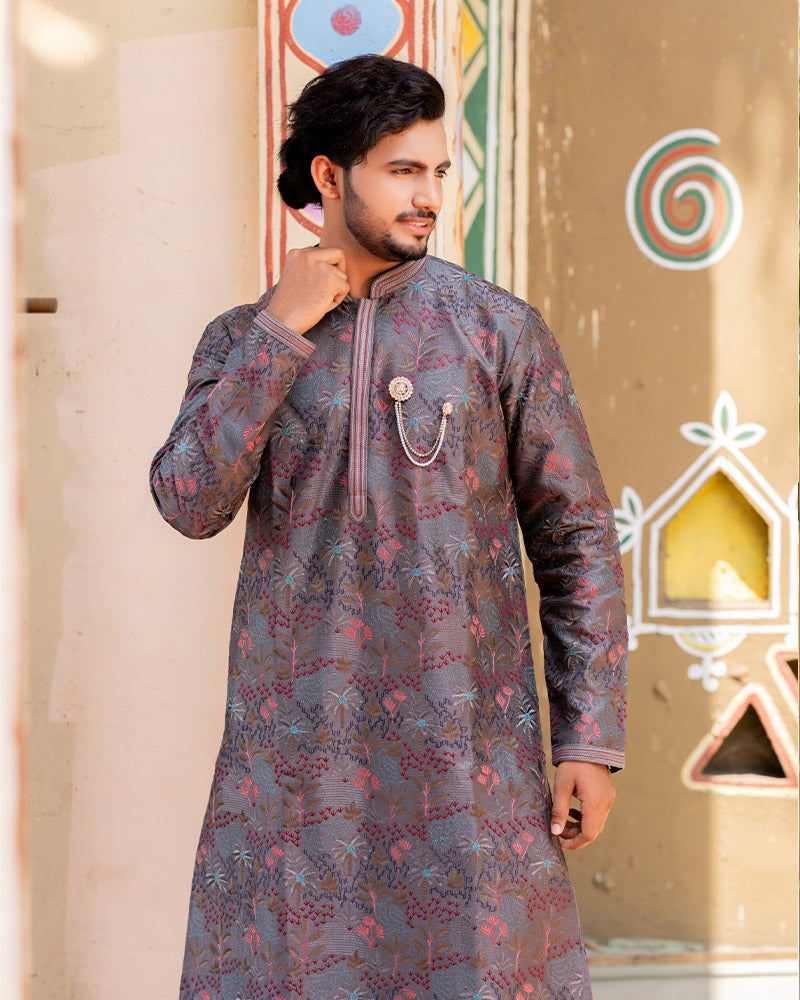 Brown Jacquard Kurta Pajama