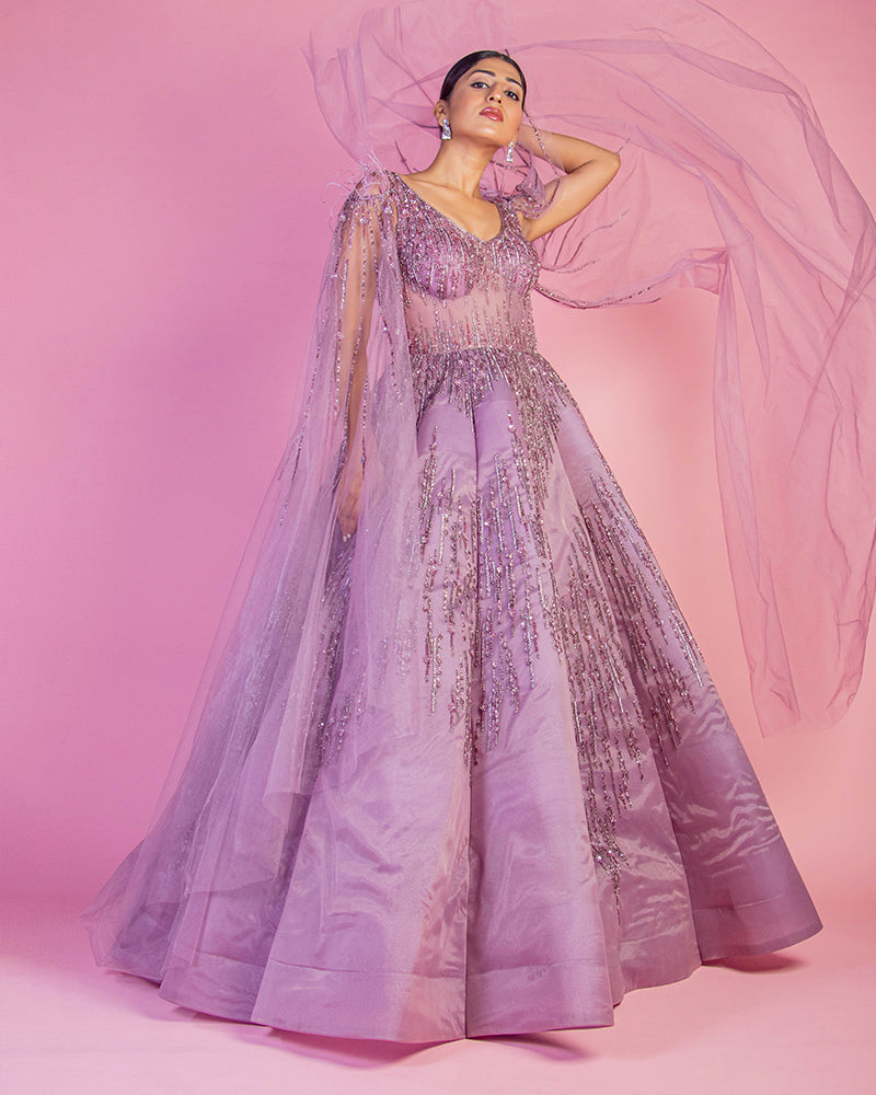 Light Purple Hand Embroidered Gown With Cap Sleeves