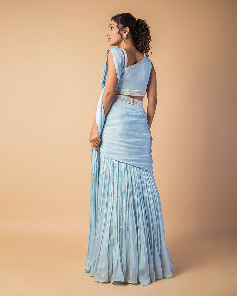 Sky Blue Embroidered CropTop Skirt with Draped Dupatta