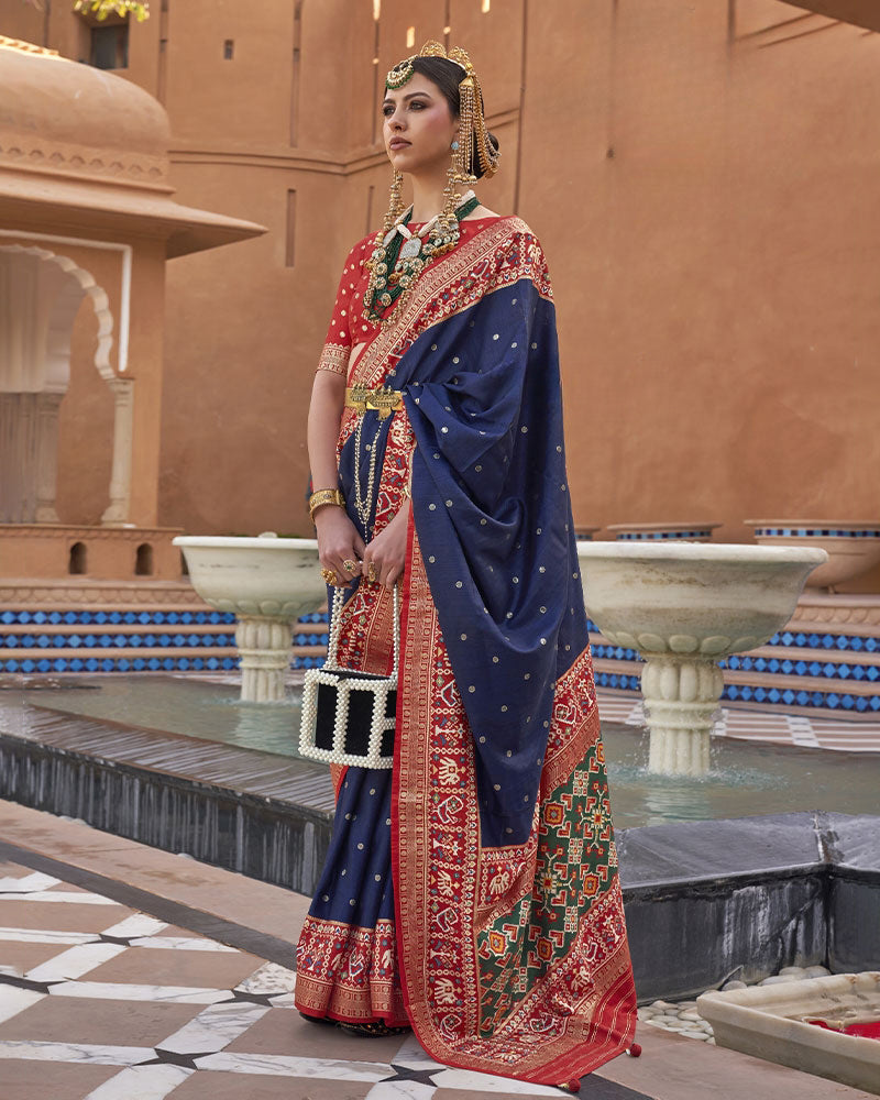 Navy Blue Pure Patola Silk Saree with Printed Border and Unstitched Blouse Piece