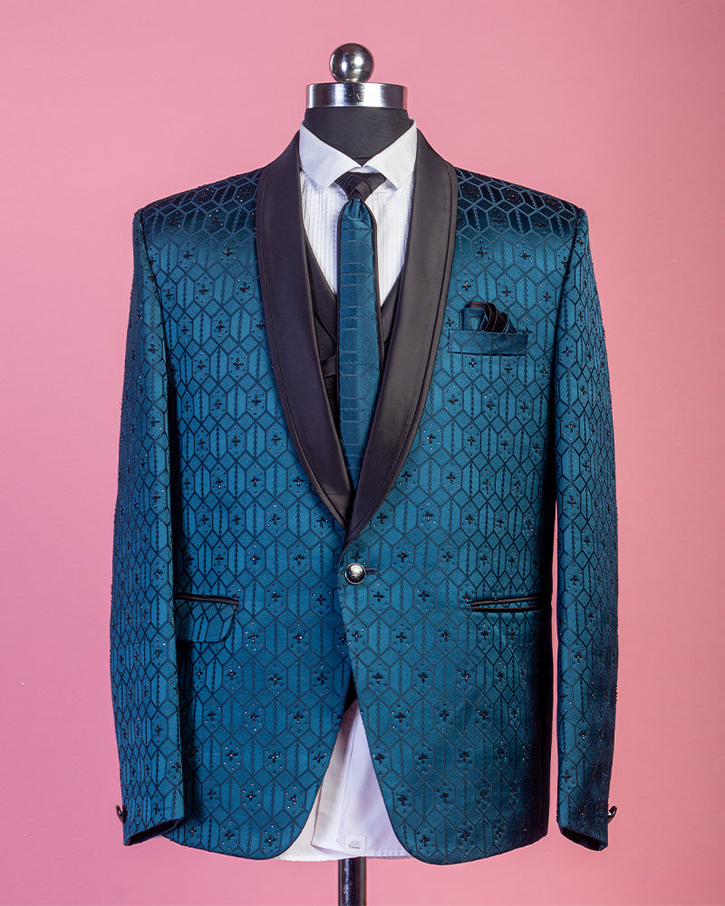 Peacock Blue Rayon Silk Heavy Embroidered Tuxedo Suit