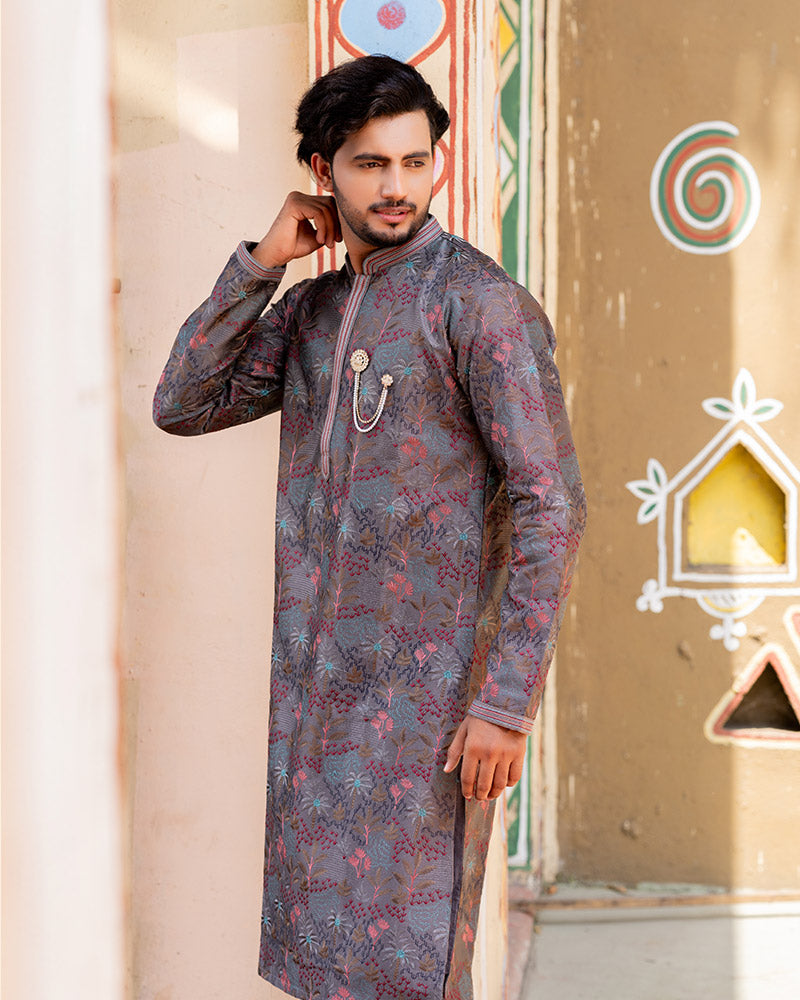 Brown Jacquard Kurta Pajama