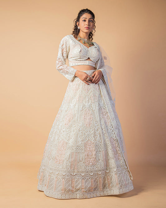 White Pearl And Stone Embroidered CropTop Lehenga with Dupatta
