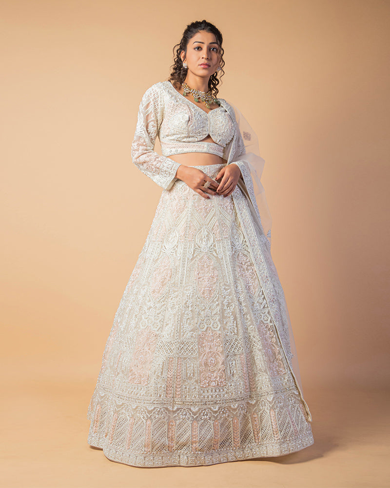 White Pearl And Stone Embroidered CropTop Lehenga with Dupatta