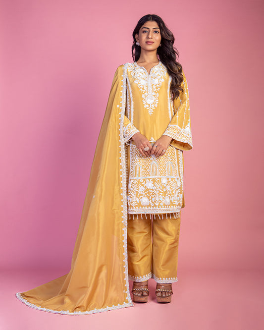 Yellow Straight Style Kurta Set with Dupatta in Crepe Silk