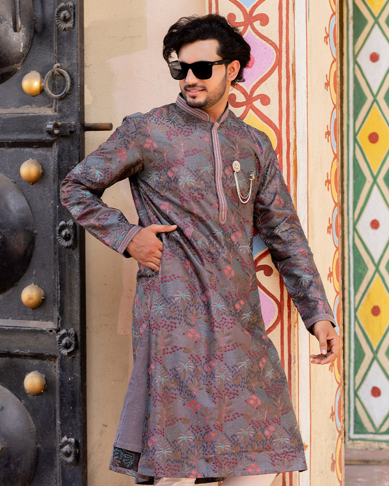 Brown Jacquard Kurta Pajama