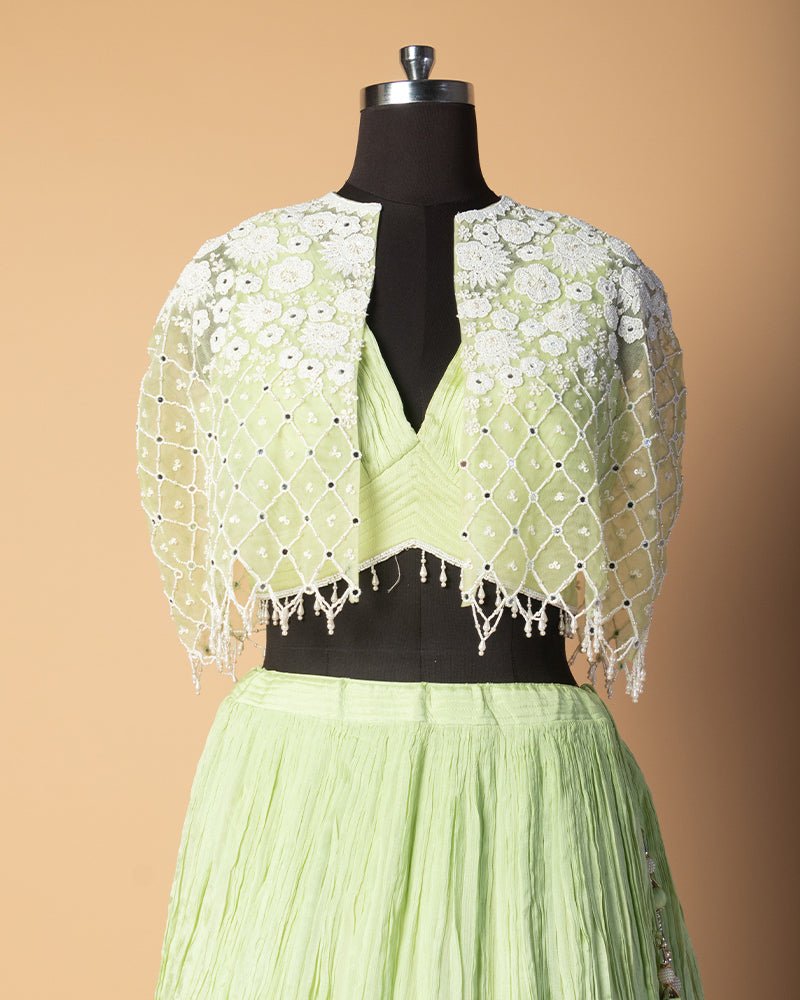 Tea Green Crushed Skirt Crop Top With Embroidered Shrug