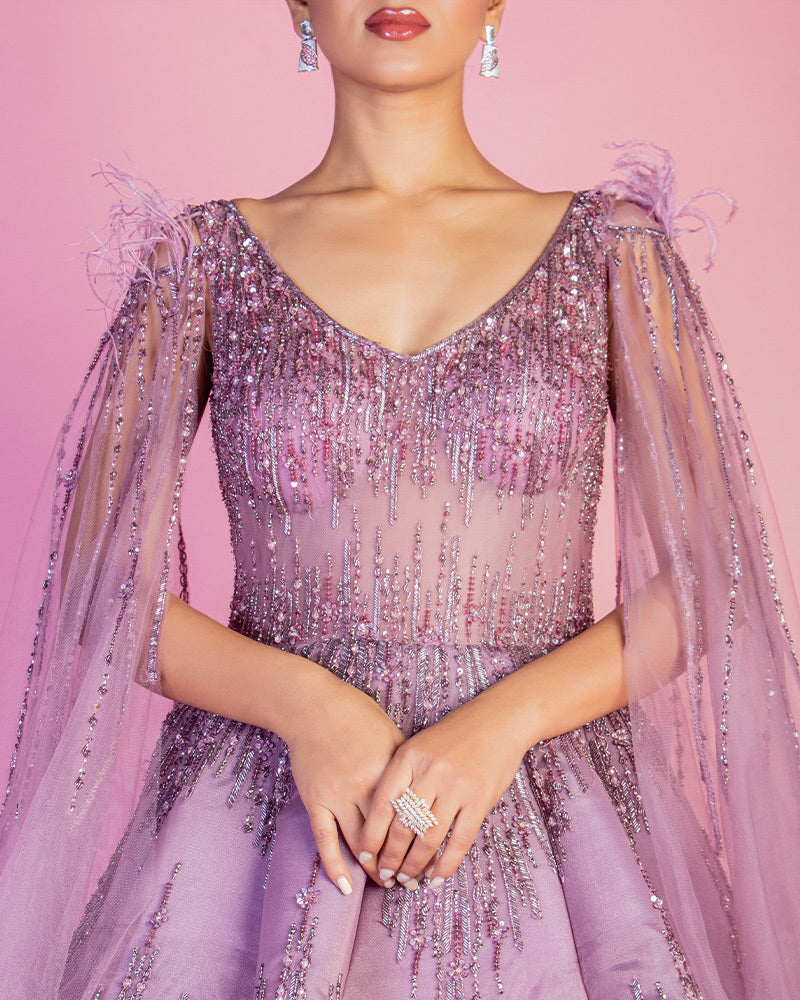 Light Purple Hand Embroidered Gown With Cap Sleeves