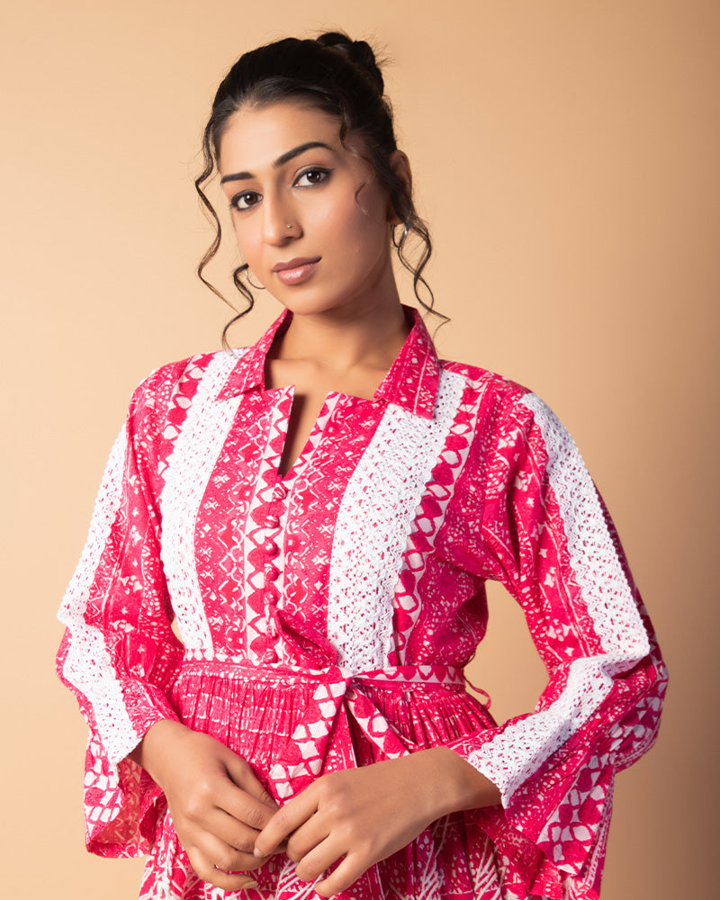 Rosy Pink Printed Flared Western Dress