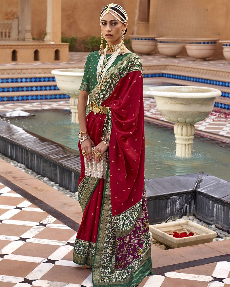 Red Pure Patola Silk Saree with Printed Border and Unstitched Blouse Piece
