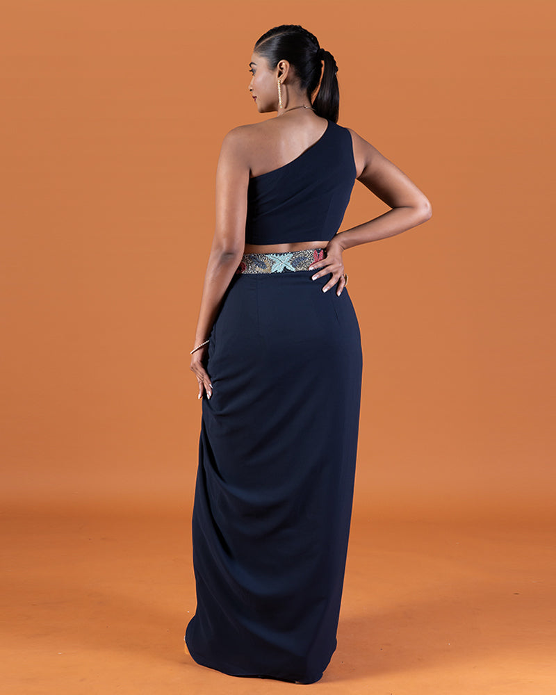 Navy Blue Embellished Floral Crop Top with Draped Skirt