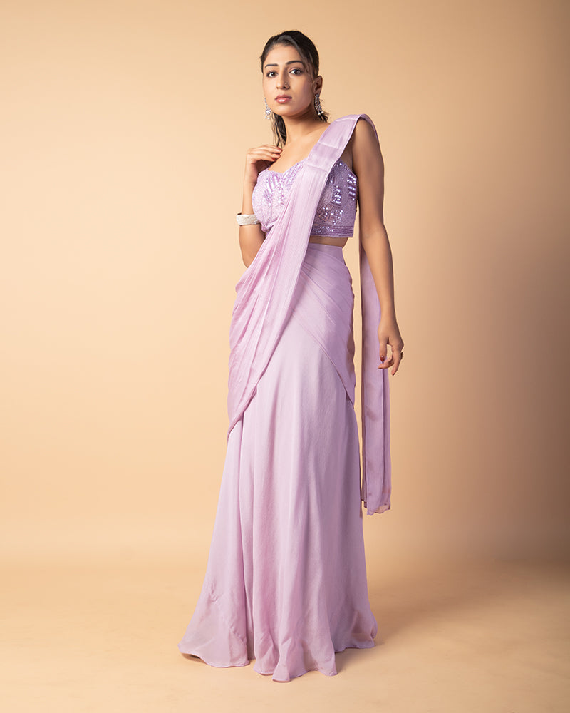 Pastel Purple Embroidered Blouse Skirt with draped Dupatta