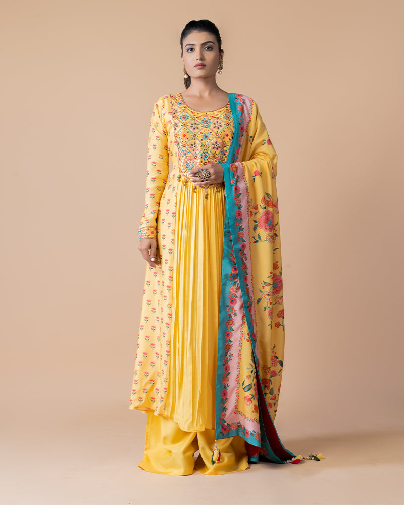 Yellow Floral Printed Anarkali Set With Dupatta