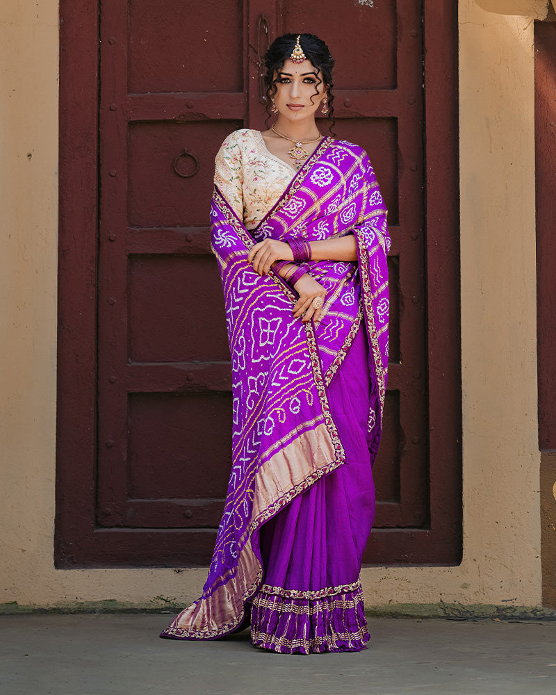 Dark Violet Badhani Printed Gajji Silk Saree With Printed Pallu