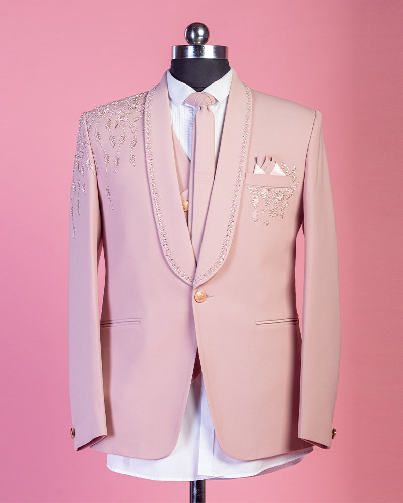 Pastel Pink Rayon Embroidered Tuxedo Suit