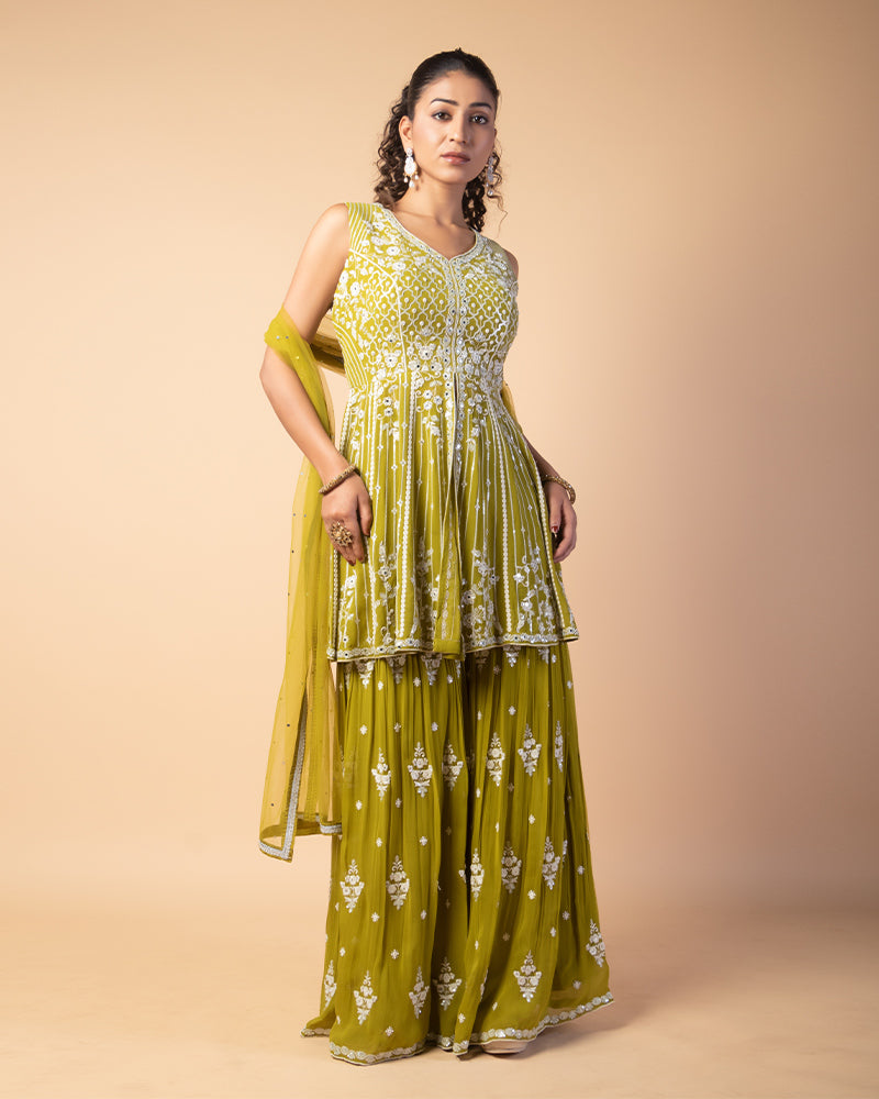Olive Green Thread Floral Embroidered Georgette Gharara Suit