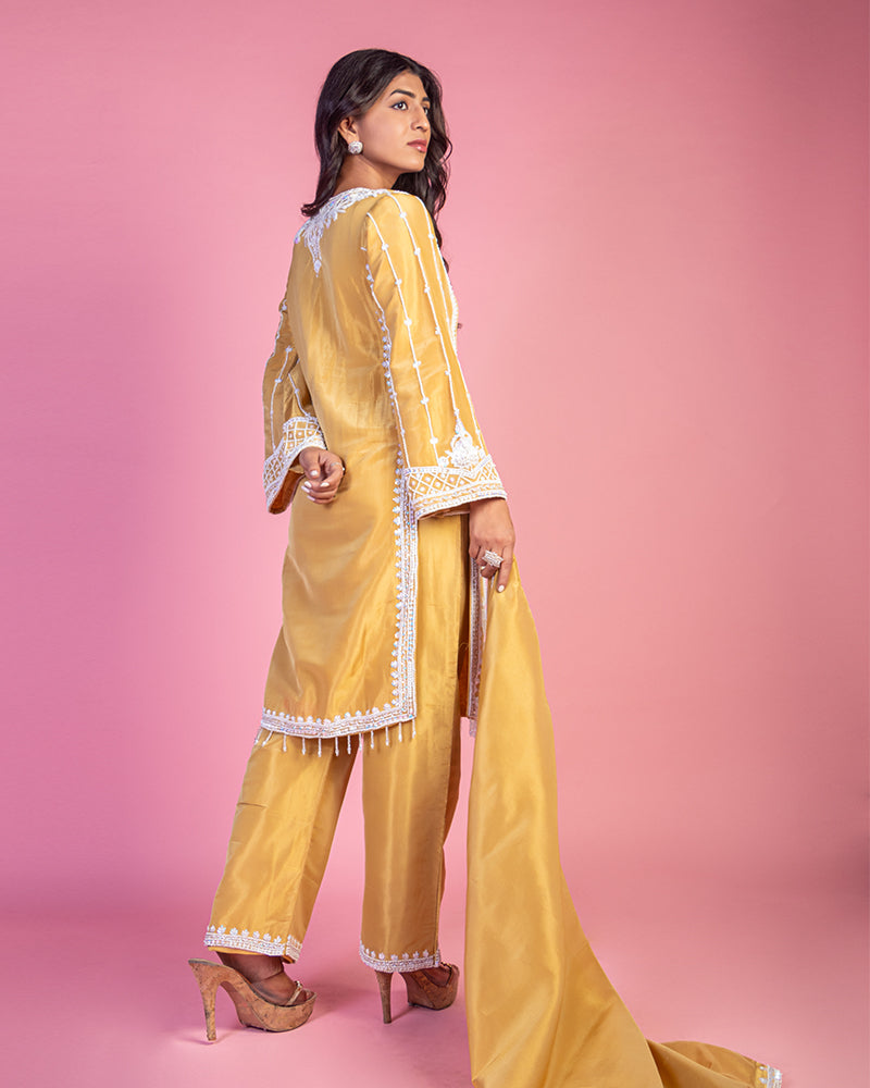 Yellow Straight Style Kurta Set with Dupatta in Crepe Silk