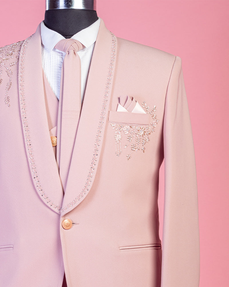 Pastel Pink Rayon Embroidered Tuxedo Suit