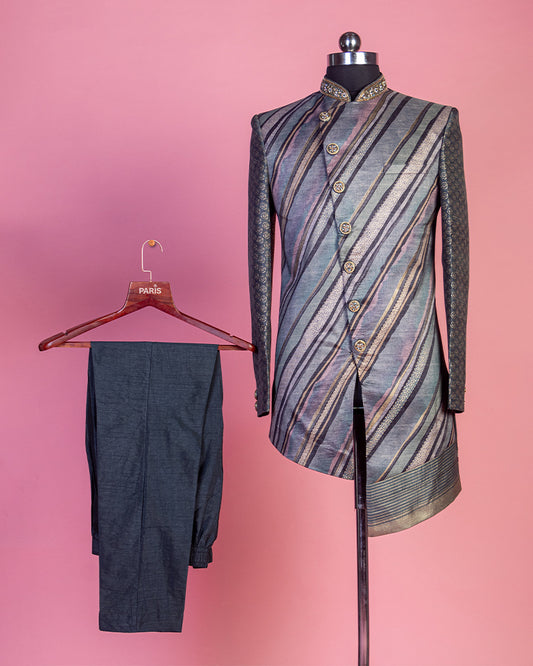 Teal Green Asymmetrical Coat and Pyjama for Groom in Premium Silk