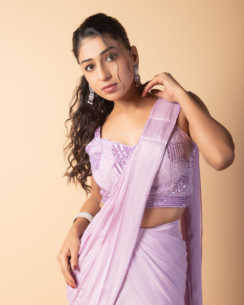 Pastel Purple Embroidered Blouse Skirt with draped Dupatta