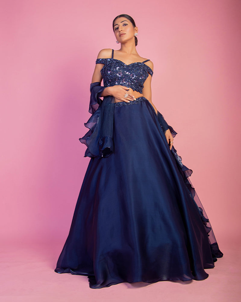 Teal Blue Off Shoulder Designer lehenga choli for bridesmaids