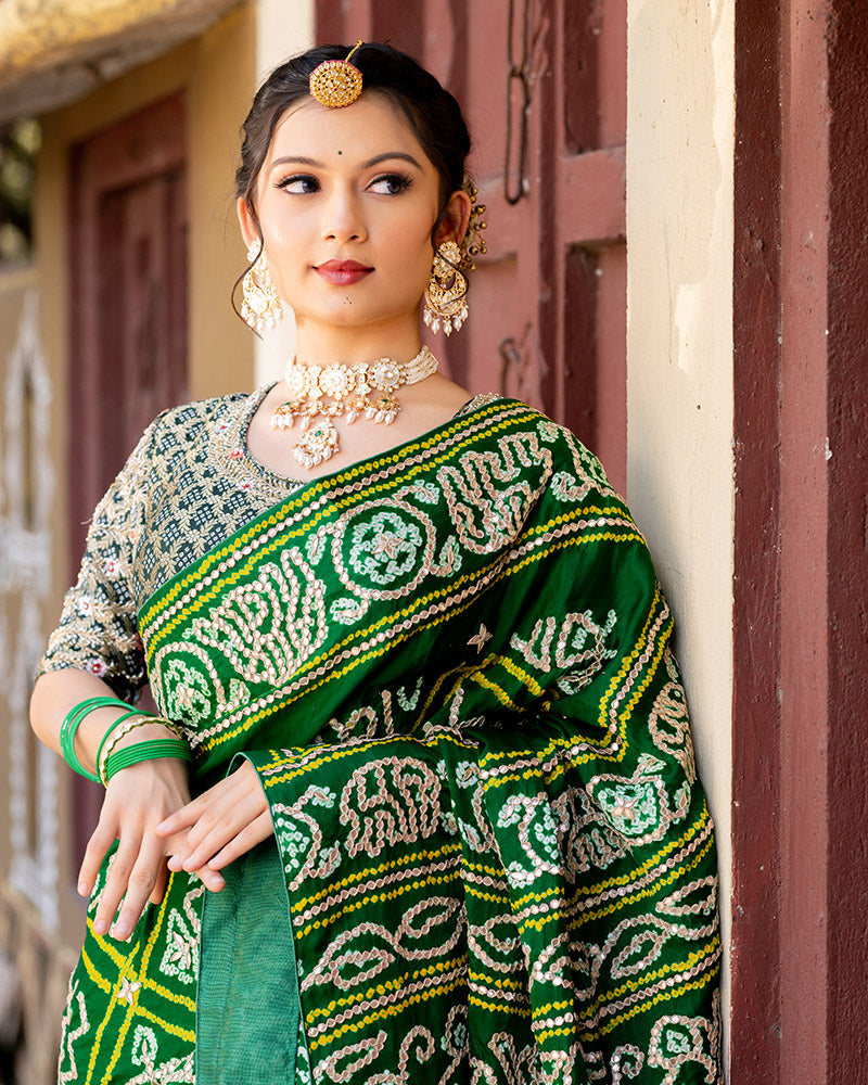 Deep Green Badhani Printed Gajji Silk Saree With Zari Woven Pallu