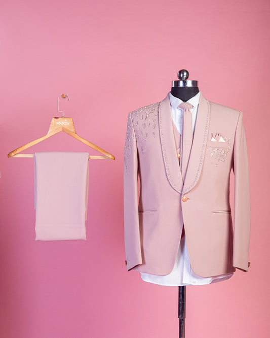 Pastel Pink Rayon Embroidered Tuxedo Suit