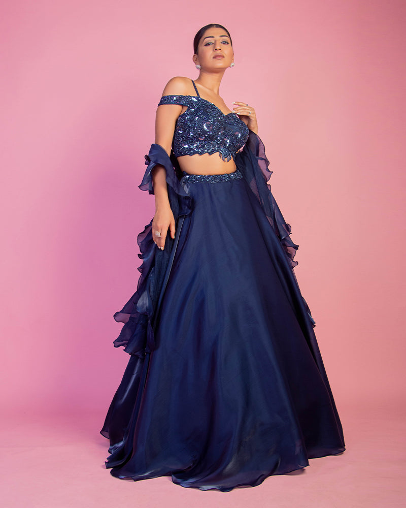 Teal Blue Off Shoulder Designer lehenga choli for bridesmaids