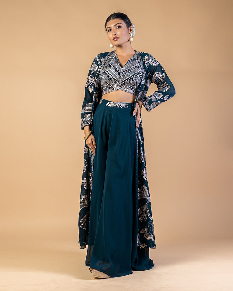Timber Green CropTop Palazzo With Floral Embroidered Shrug