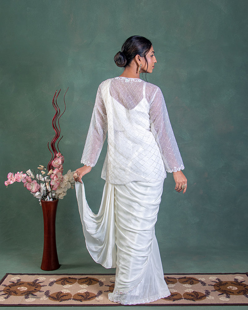 White ready to wear saree for party with Jacket