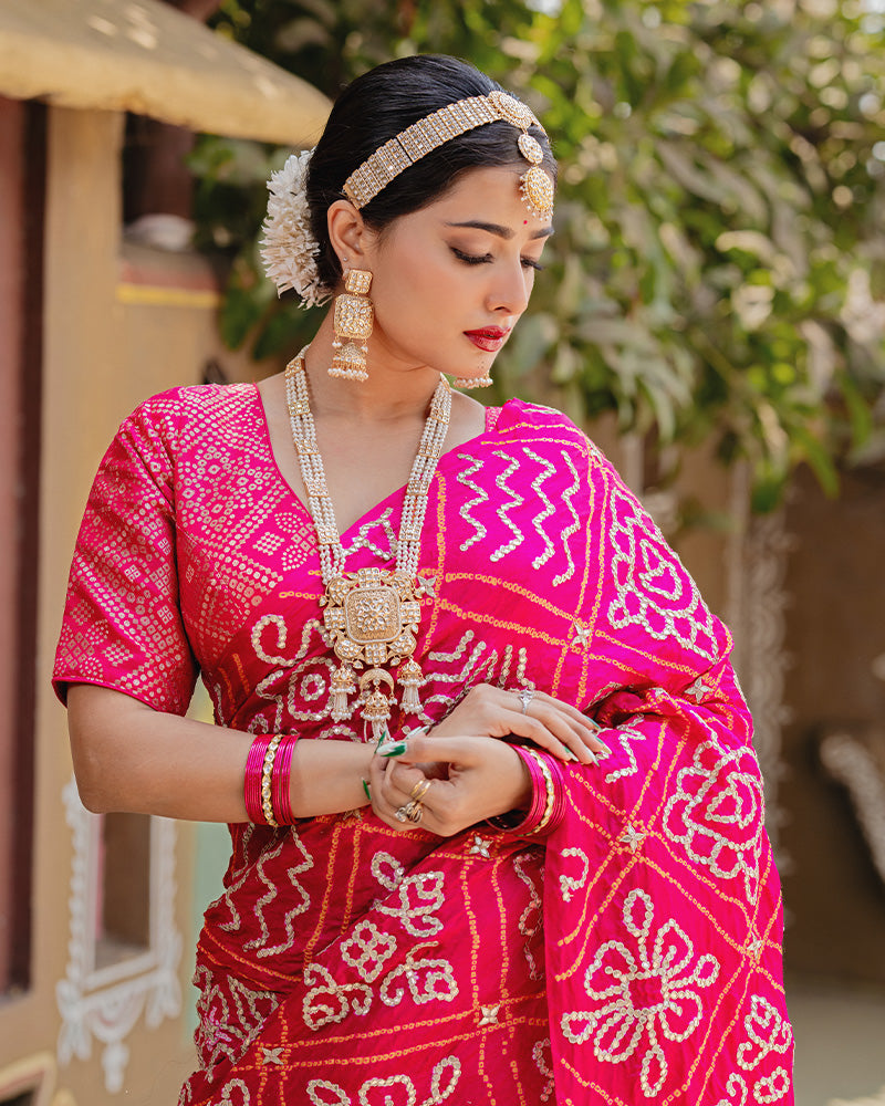 Deep Pink Badhani Printed Saree With Unstitched Blouse