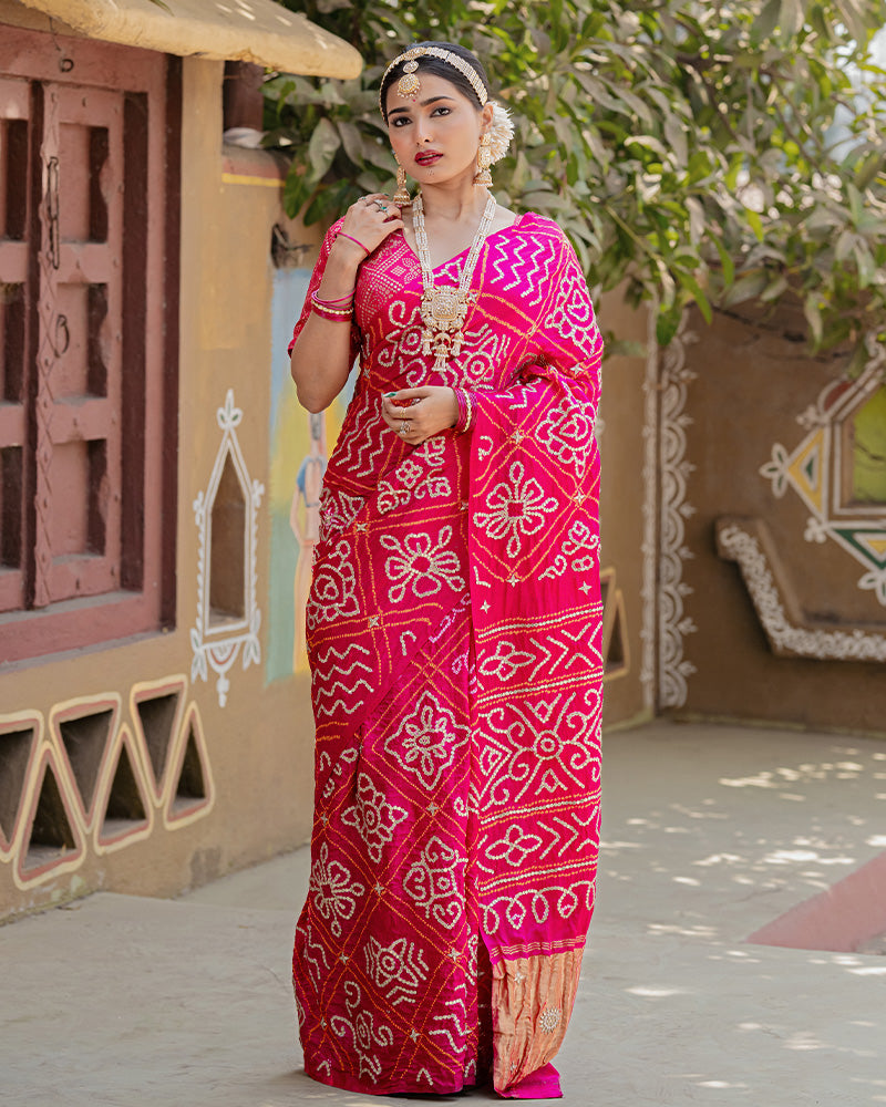 Deep Pink Badhani Printed Saree With Unstitched Blouse
