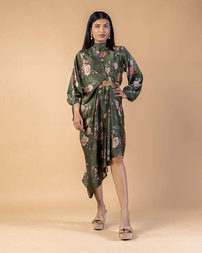 Army Green Floral Print Satin Western Dress