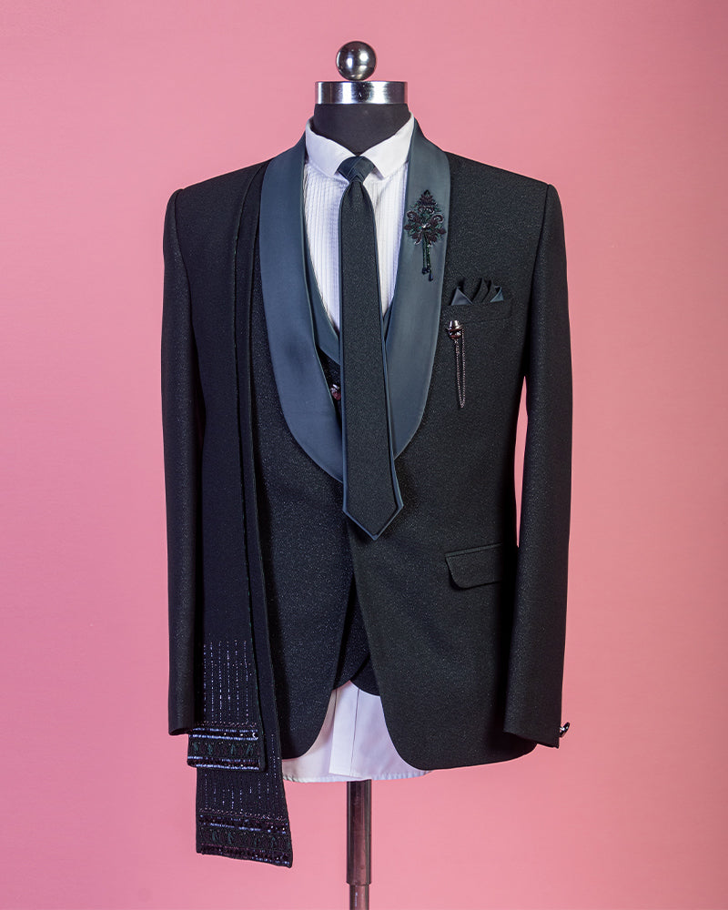 Black Shimmer Rayon Embroidered Tuxedo Suit