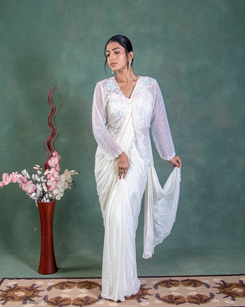White ready to wear saree for party with Jacket